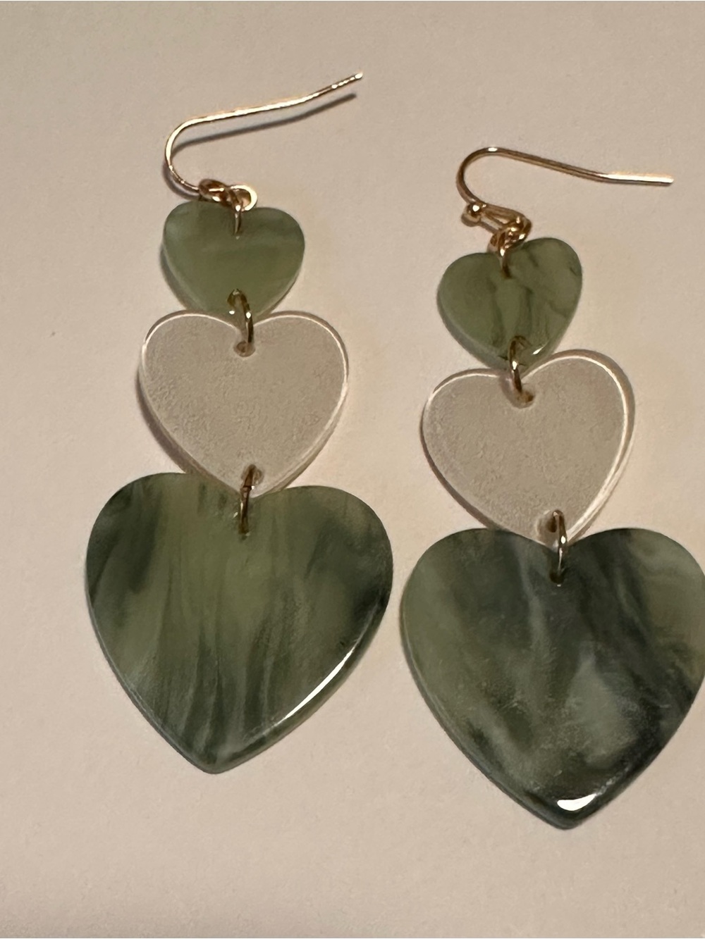 Acrylic Heart Drop pierced Earrings in Green and Clear